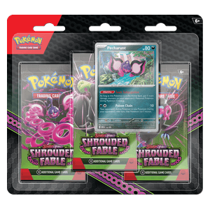 Drei Pokémon-Karten im Blister, Pokémon Shrouded Fable, von Cardclash-de, mit bunten Illustrationen und Kartenrückseiten.