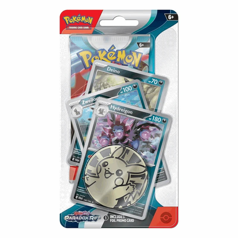 Pokémon Scarlet & Violet Paradox Rift Hydreigo Premium Checklane Blister, detailliertes Frontbild mit Kartenzubehör