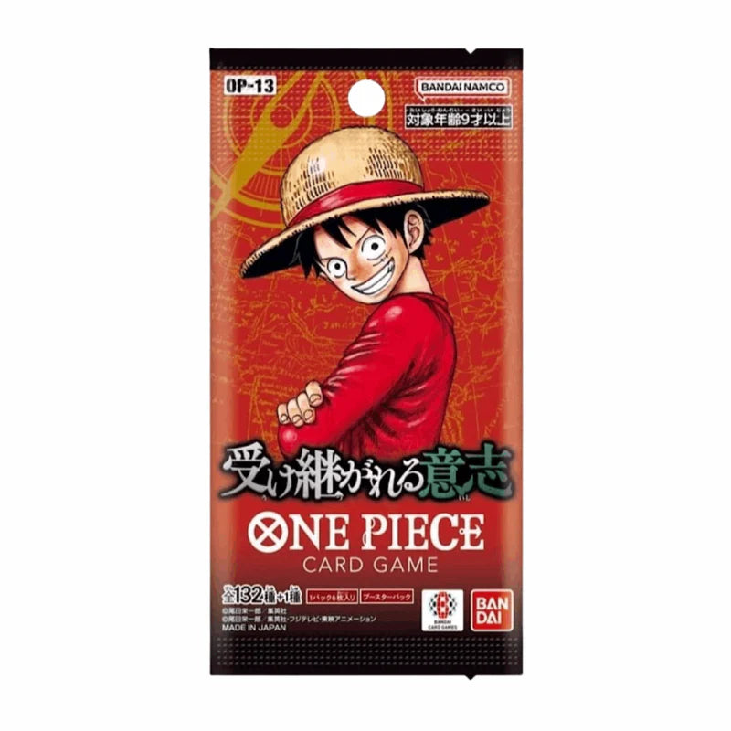 One Piece Card Game OP13 Booster Pack, japanische Edition, mit bunten Karten im Vordergrund, von cardclash-de