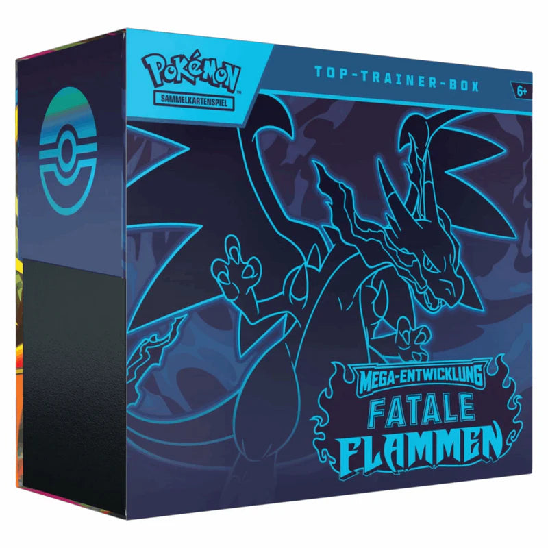 Pokémon Fatale Flammen Top Trainer Box mit Karten, Sammlerstücken und Zubehör, in der Verpackung.