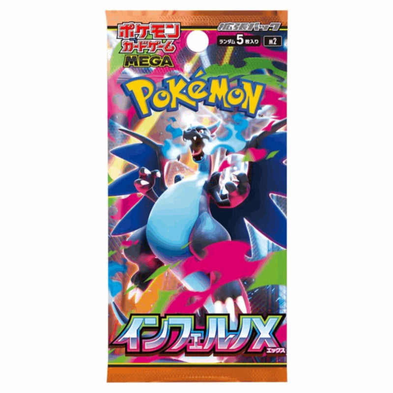 Pokémon Mega Inferno X Booster Pack, japanische Version, mit bunten Pokémon-Karten auf der Vorderseite, von cardclash-de.