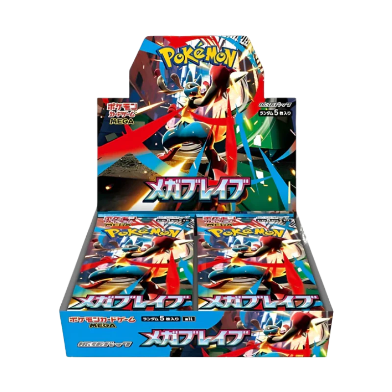 Pokémon Mega Brave Booster-Boxen-Display M1L von Cardclash-de mit mehreren Pokémon-Karten im japanischen Design