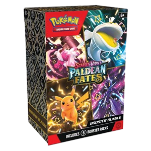 Pokémon Paldean Fates Booster Bundle mit mehreren Booster-Karten im Karton, Pokémon-Logo, farbenfrohes Design.