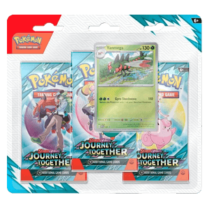 Pokémon Karmesin & Purpur Reisegefährten 3-Pack Blister mit Yanmega Karte, deutsche Version, auf weißem Hintergrund.