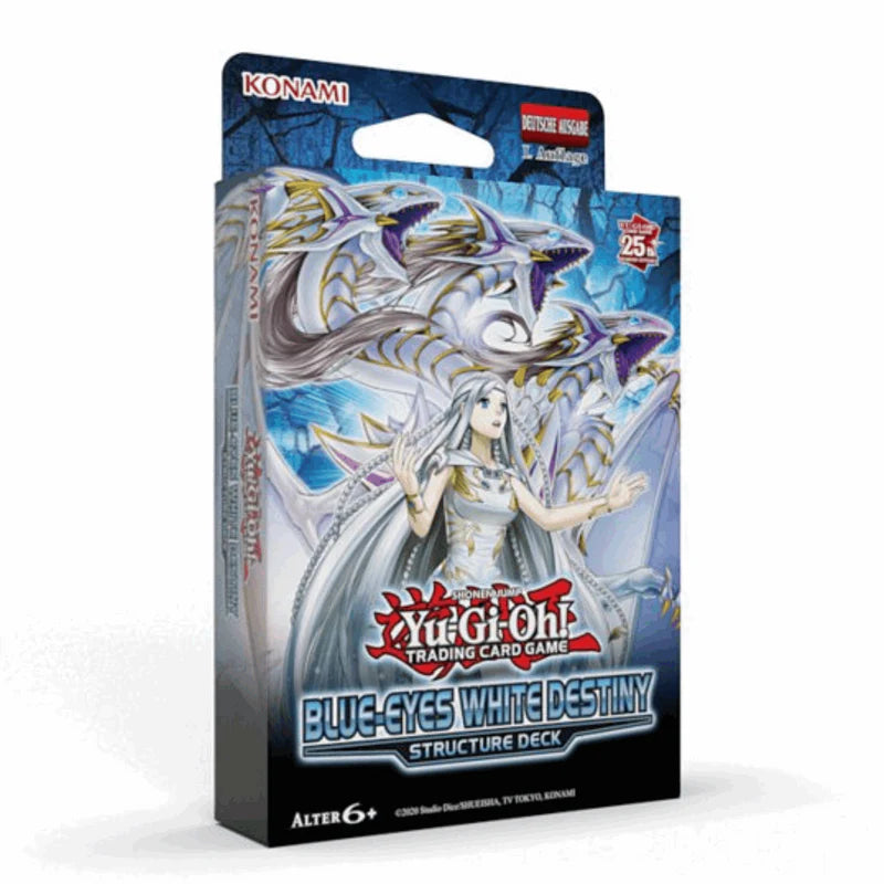 Yu-Gi-Oh! Blue Eyes White Destiny Structure Deck, Karten und Verpackung, auf weißem Hintergrund, von cardclash-de