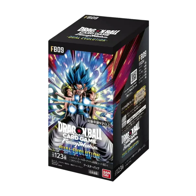 Dragon Ball Super Card Game Fusion World FB09 Dual Evolution Booster Box Display mit aufgedruckten Karten und Verpackung in Japan.