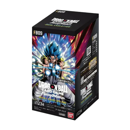 Dragon Ball Super Card Game Fusion World FB09 Dual Evolution Booster Box Display mit aufgedruckten Karten und Verpackung in Japan.