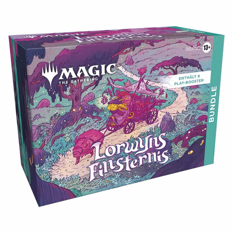 Seitliche Ansicht des Magic: The Gathering Lorwyns Finsternis Bundles von cardclash-de, mit Karten und Verpackung sichtbar