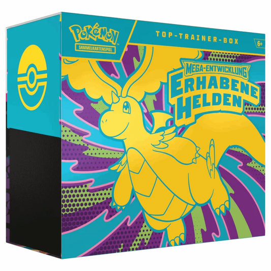 Pokémon Erhabene Helden Top Trainer Box von cardclash-de mit Karten, Verpackungen und Spielzubehör, auf weißem Hintergrund.