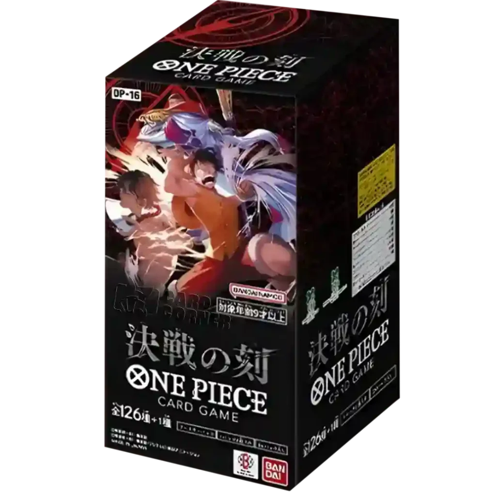 Japanischer One Piece OP16 Display von Cardclash-de, bunte Sammelkarten und Verpackungen im Display sichtbar
