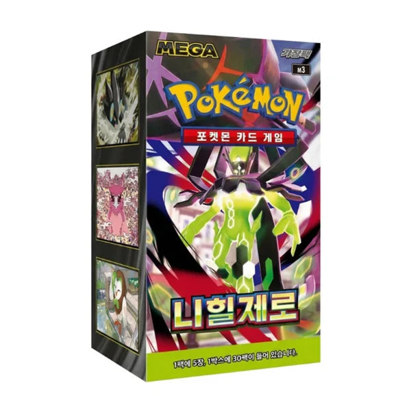 Pokémon MEGA Nihill Zero Display M3, koreanische Version, auf einer Verkaufsdisplaykarte mit Pokémon-Designs, von cardclash-de.