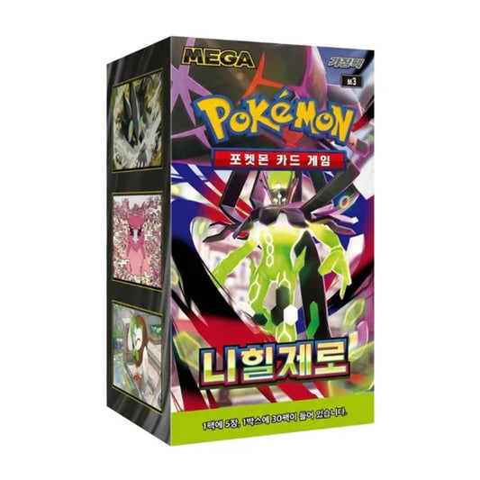 Pokémon MEGA Nihill Zero Display M3, koreanische Version, auf einer Verkaufsdisplaykarte mit Pokémon-Designs, von cardclash-de.